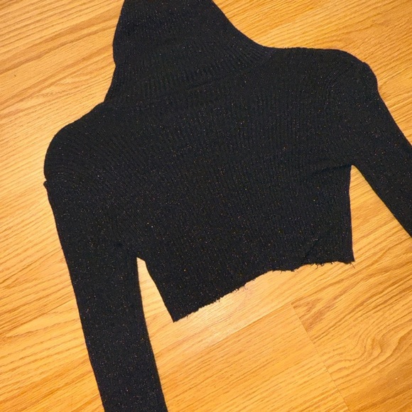 Vintage America Tops - Sparkly Black Turtleneck Cropped Sweater